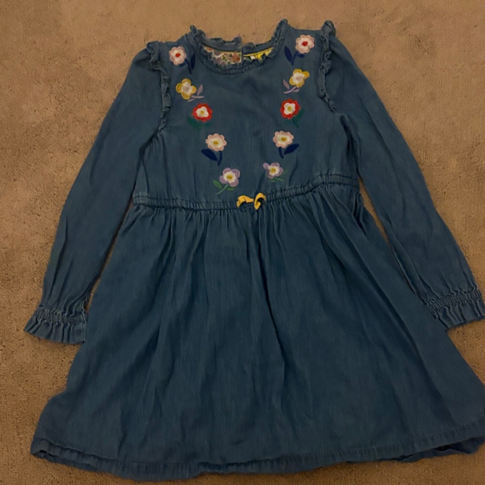Boden Blue Denim Kids Dress with Floral Embroidery